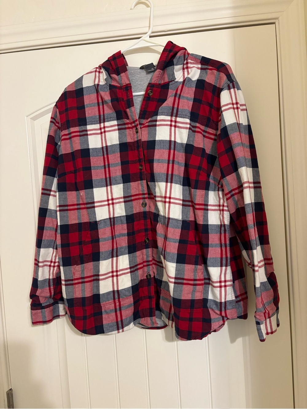 Eddie Bauer Red, Navy & White Plaid Hooded Button-Down Shirt